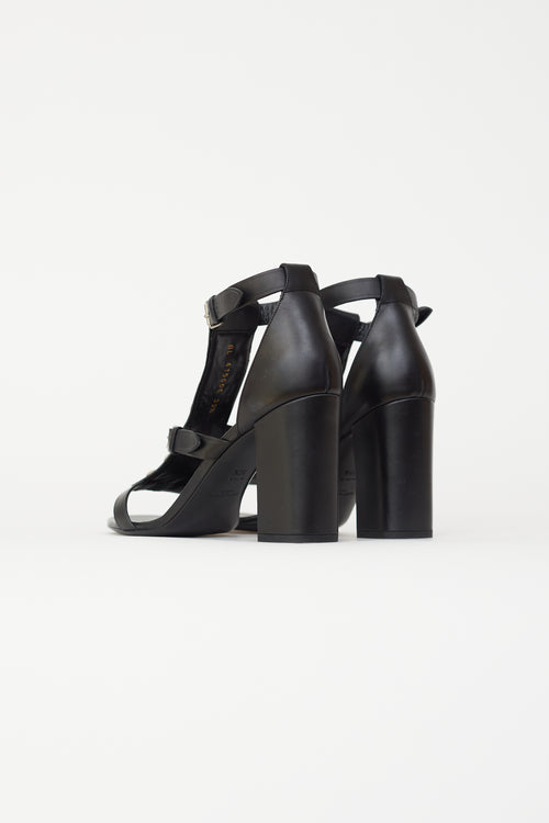 Saint Laurent Black Leather 
Silver-Tone Studs Sandal Heel