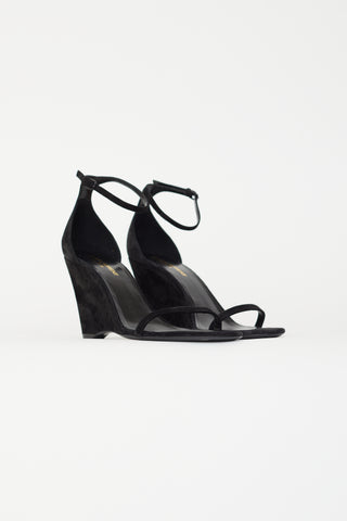 Saint Laurent Black Suede Ankle Strap Sandal Wedge