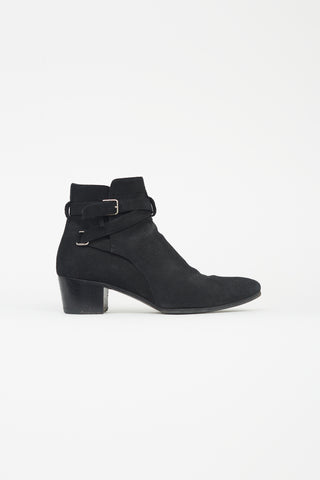 Saint Laurent Black Suede Buckle Strap Ankle Boot