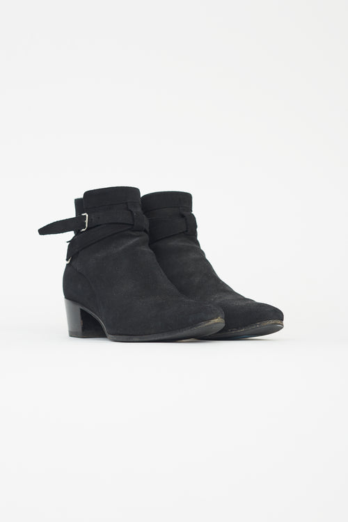 Saint Laurent Black Suede Buckle Strap Ankle Boot