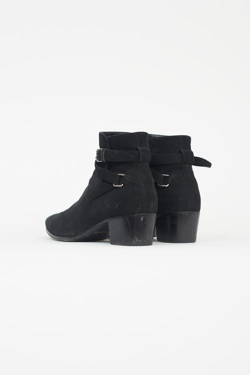 Saint Laurent Black Suede Buckle Strap Ankle Boot