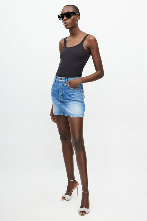 Blue Denim Logo Embroidered Mini Skirt