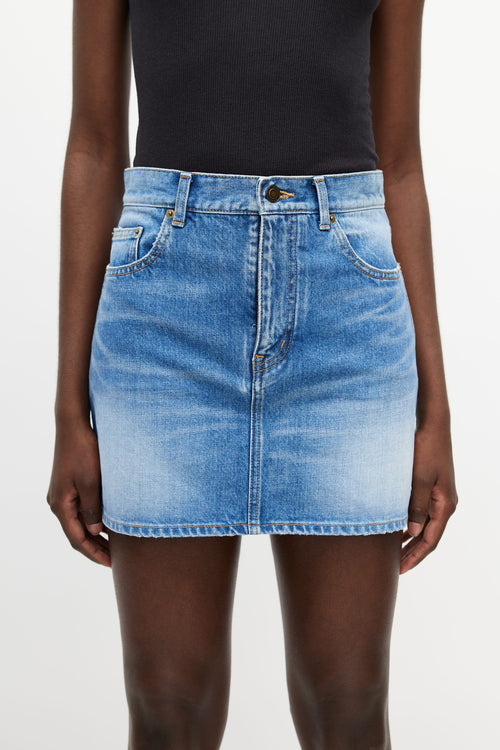 Blue Denim Logo Embroidered Mini Skirt