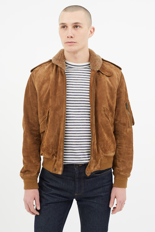 Saint Laurent Brown Suede 
Shearling Lined Bomber Jacket