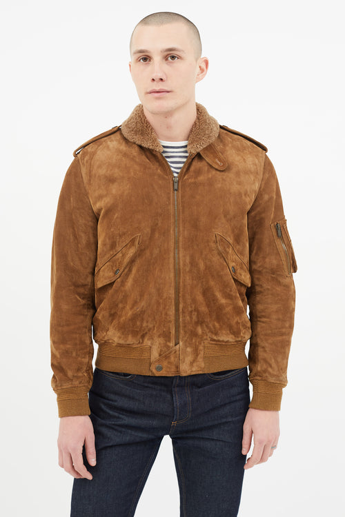 Saint Laurent Brown Suede 
Shearling Lined Bomber Jacket