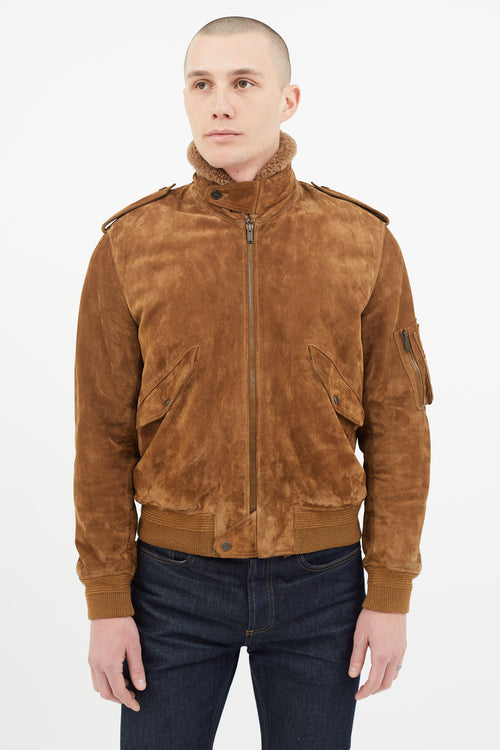 Saint Laurent Brown Suede 
Shearling Lined Bomber Jacket