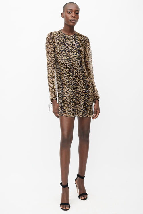 Saint Laurent Brown 
Black Silk Printed Pattern Mini Dress