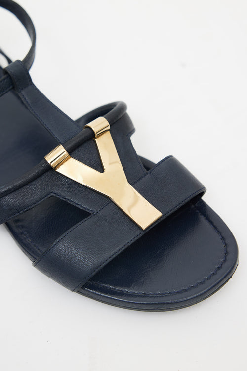 Saint Laurent Navy Leather 
Gold-Tone Y Strappy Sandal