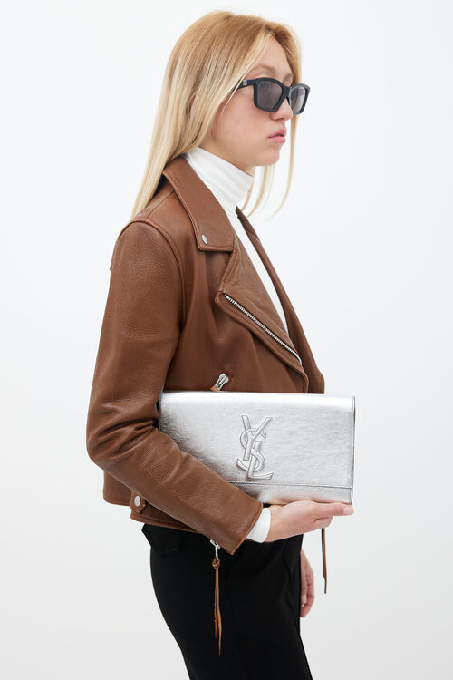 Saint Laurent Silver-Tone Metallic Leather Belle De Jour Clutch