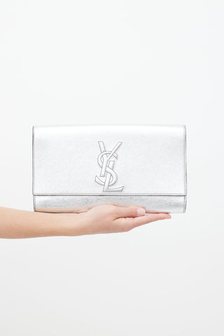 Saint Laurent Silver-Tone Metallic Leather Belle De Jour Clutch