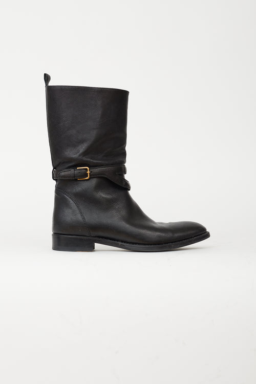 Saint Laurent Black Leather Gold-Tone Buckle Boot