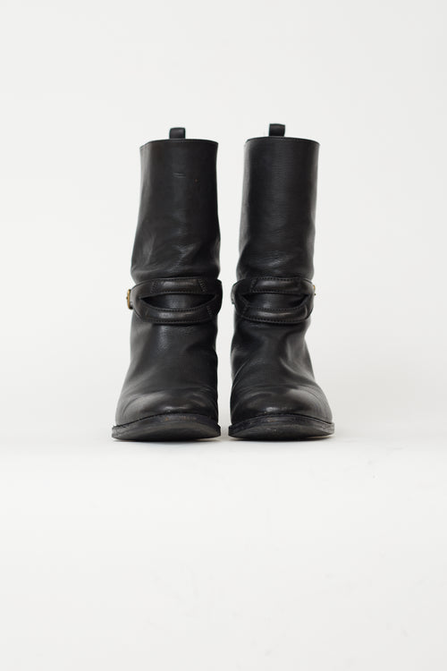 Saint Laurent Black Leather Gold-Tone Buckle Boot