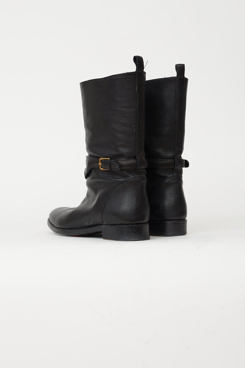 Saint Laurent Black Leather Gold-Tone Buckle Boot