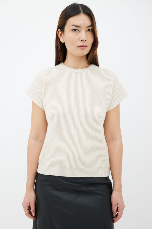 Salvatore Ferragamo Beige Cashmere 
Cotton Ribbed Knit Short Sleeve Sweater