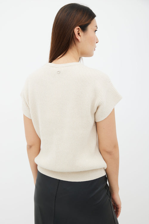 Salvatore Ferragamo Beige Cashmere 
Cotton Ribbed Knit Short Sleeve Sweater