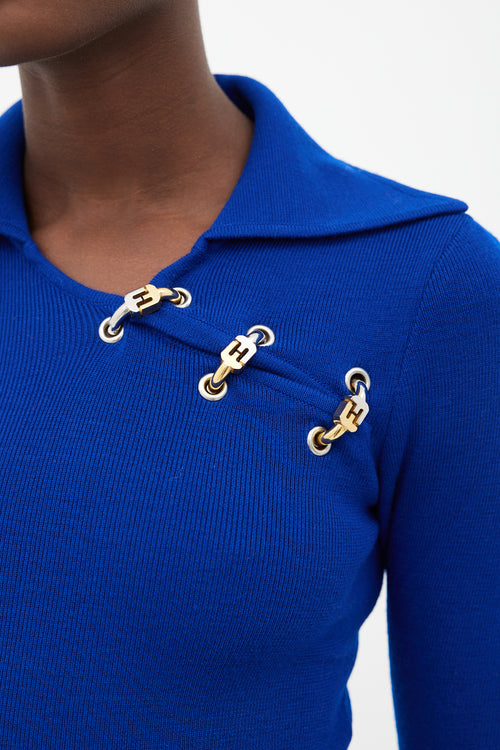 Salvatore Ferragamo Cobalt Blue FF Logo Asymmetrical Hardware Sweater