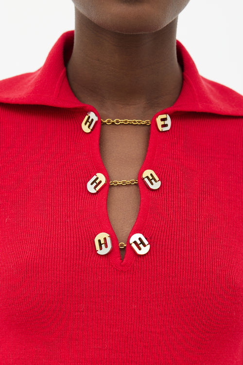 Salvatore Ferragamo Red 
Gold-Tone FF Logo Chain  Sweater