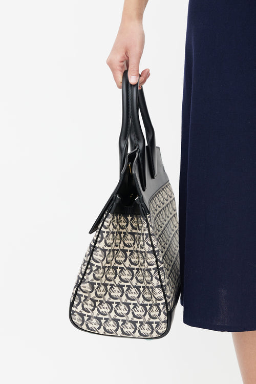 Salvatore Ferragamo Black 
Cream Gancini Jacquard Studio Bag