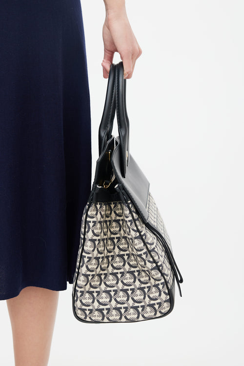 Salvatore Ferragamo Black 
Cream Gancini Jacquard Studio Bag