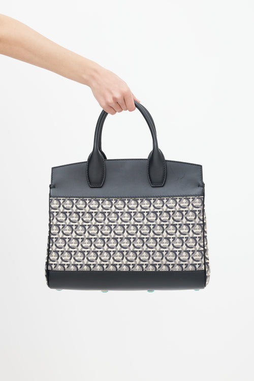 Salvatore Ferragamo Black 
Cream Gancini Jacquard Studio Bag