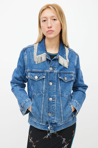 Sandro Blue Denim 
Silver-Tone Fringe Jacket