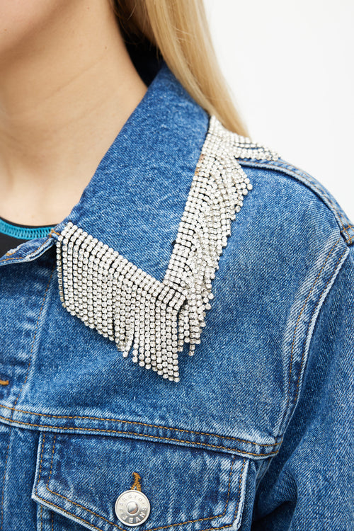 Sandro Blue Denim 
Silver-Tone Fringe Jacket