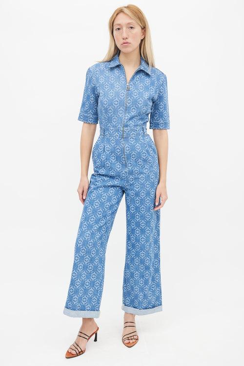 Sandro Blue Monogram Pattern Denim Jumpsuit