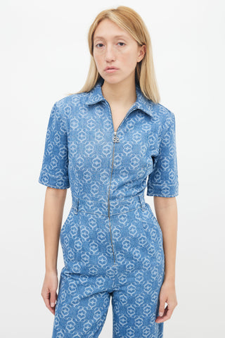 Sandro Blue Monogram Pattern Denim Jumpsuit