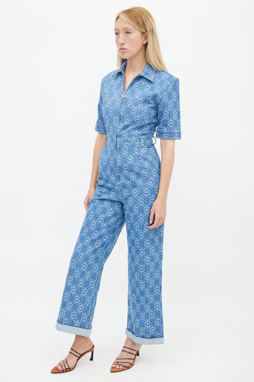 Sandro Blue Monogram Pattern Denim Jumpsuit