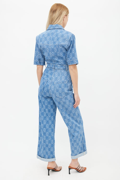 Sandro Blue Monogram Pattern Denim Jumpsuit