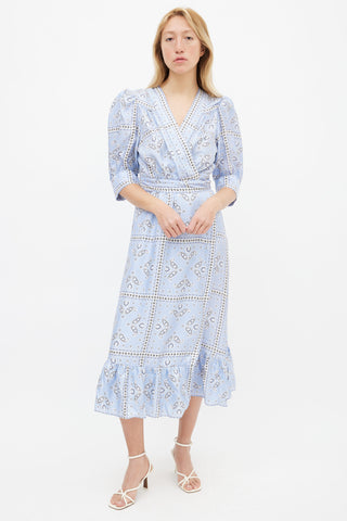 Sandro Light Blue 
White Silk  Enrika Paisley Wrap Dress