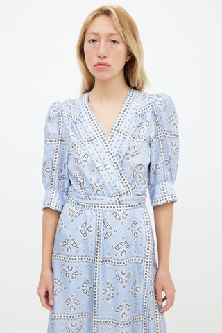 Sandro Light Blue 
White Silk  Enrika Paisley Wrap Dress