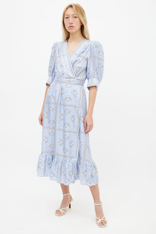 Sandro Light Blue 
White Silk  Enrika Paisley Wrap Dress