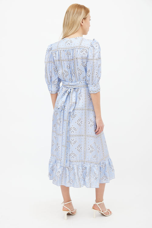 Sandro Light Blue 
White Silk  Enrika Paisley Wrap Dress