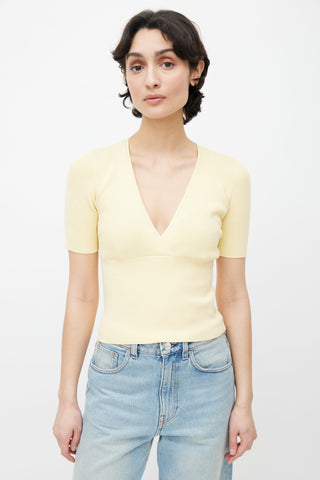 Sandro Yellow Ribbed V-Neck Short Sleeve Top