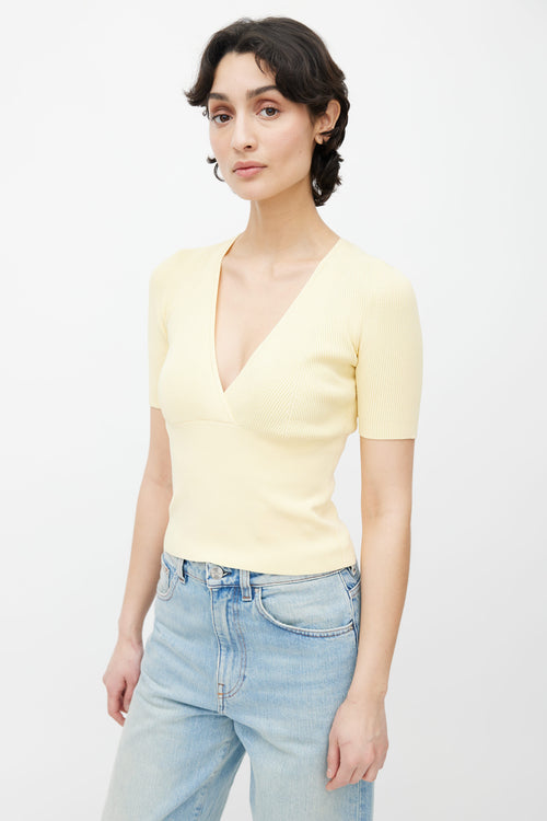 Sandro Yellow Ribbed V-Neck Short Sleeve Top