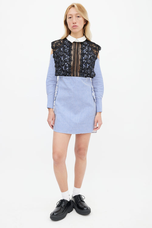 Self Portrait Blue 
White Stripe Lace Overlay Shirt Dress