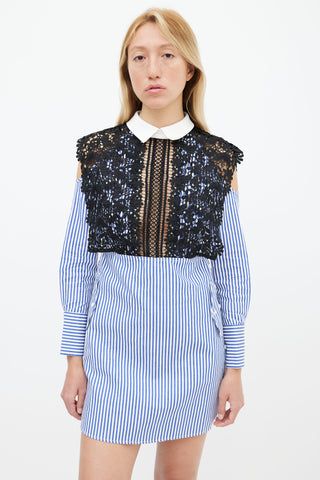 Self Portrait Blue 
White Stripe Lace Overlay Shirt Dress