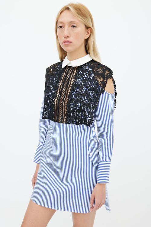 Self Portrait Blue 
White Stripe Lace Overlay Shirt Dress