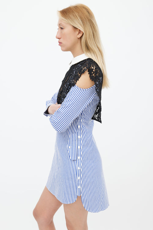 Self Portrait Blue 
White Stripe Lace Overlay Shirt Dress