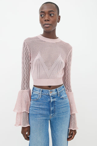 Self Portrait Pink Mesh Knit 
Ruffle Sleeve Sweater