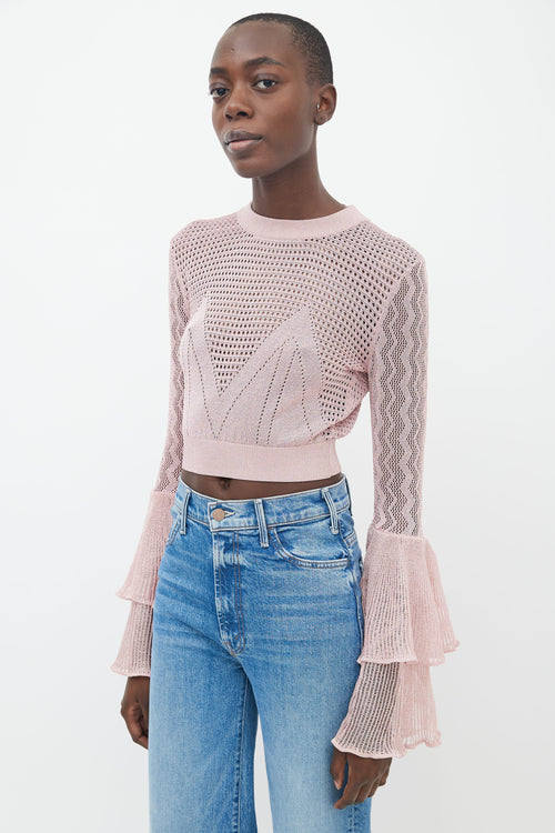 Self Portrait Pink Mesh Knit 
Ruffle Sleeve Sweater