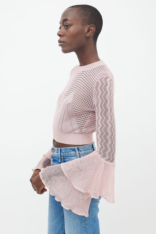 Self Portrait Pink Mesh Knit 
Ruffle Sleeve Sweater