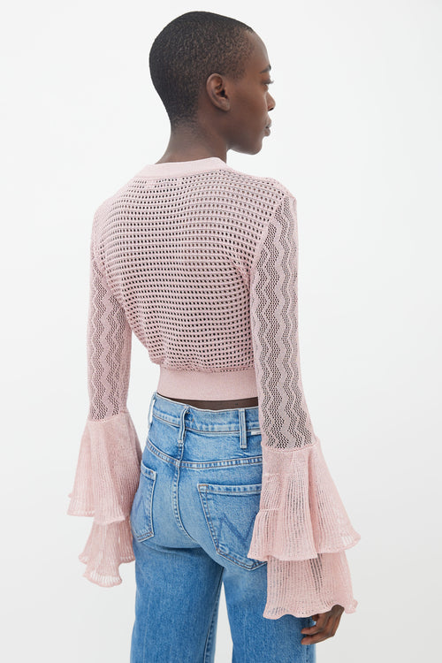 Self Portrait Pink Mesh Knit 
Ruffle Sleeve Sweater