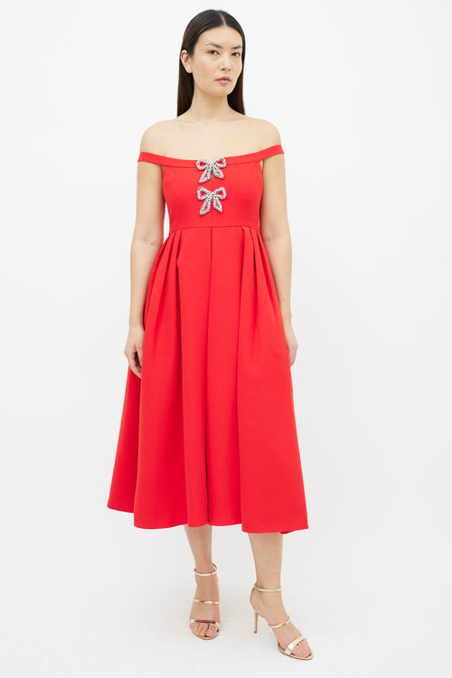 Self Portrait Red 
Silver-Tone Bow Embellished Midi  Dress