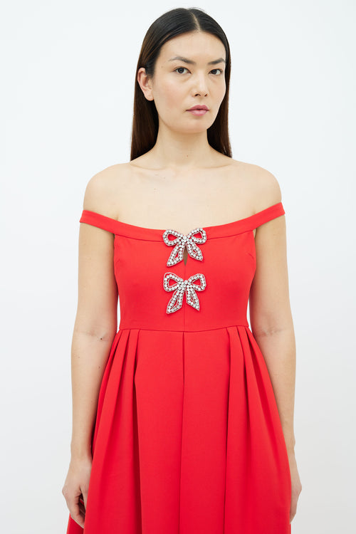 Self Portrait Red 
Silver-Tone Bow Embellished Midi  Dress