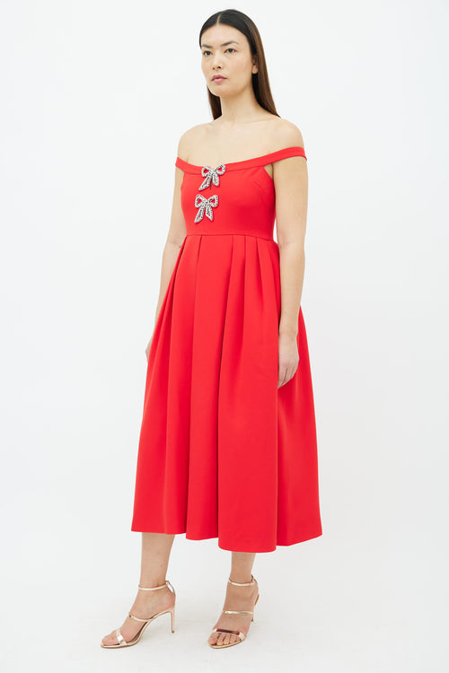 Self Portrait Red 
Silver-Tone Bow Embellished Midi  Dress