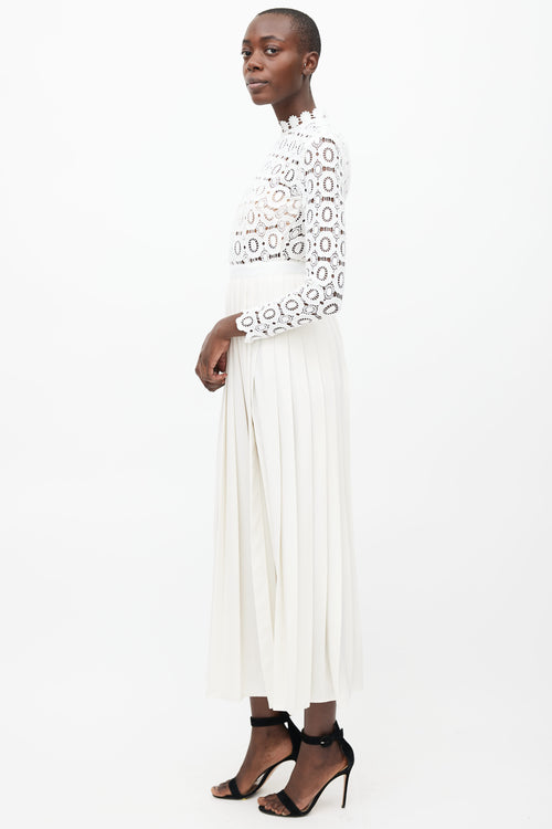 Self Portrait White Crochet Pleated Maxi Dress