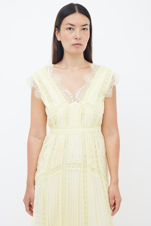 Self Portrait Yellow Pleated Lace Dress