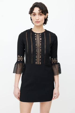 Self Portrait Black Lace Quarter Sleeves Mini Dress